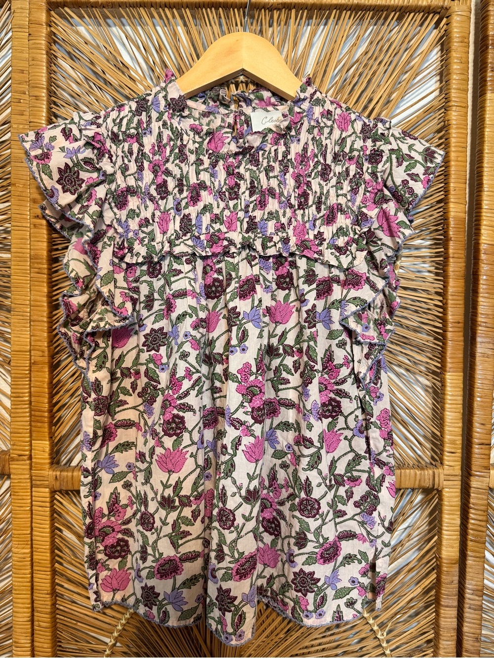 Cleobella Virginia Blouse in Kaia Print Pink Floral Ruffle Smocked SZ S - Picture 2 of 8